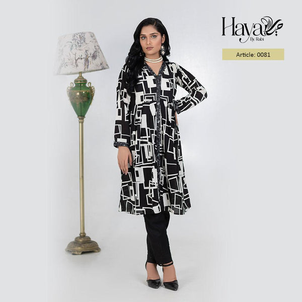 Black White Abstract Print Embroidered Kurti