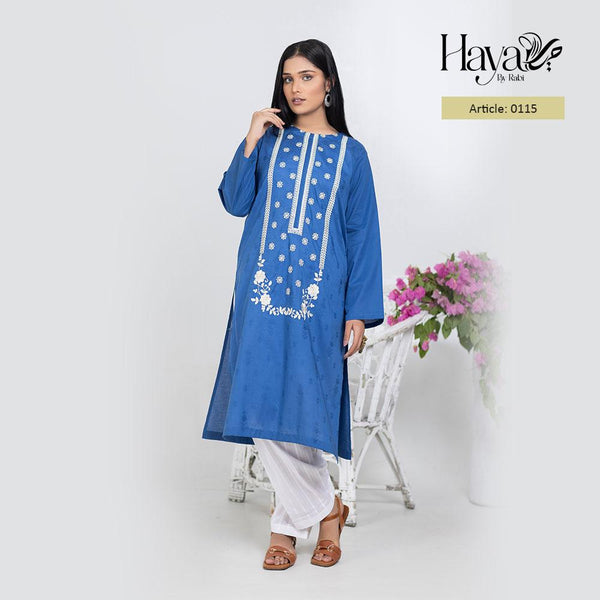 Blue Kurti White Golden Embroidery